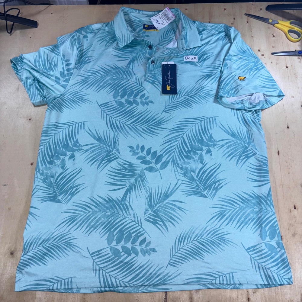 Jack Nicklaus Mens XL Blue Tropical Palm Leaf Golf Polo Shirt Golden Bear NWT